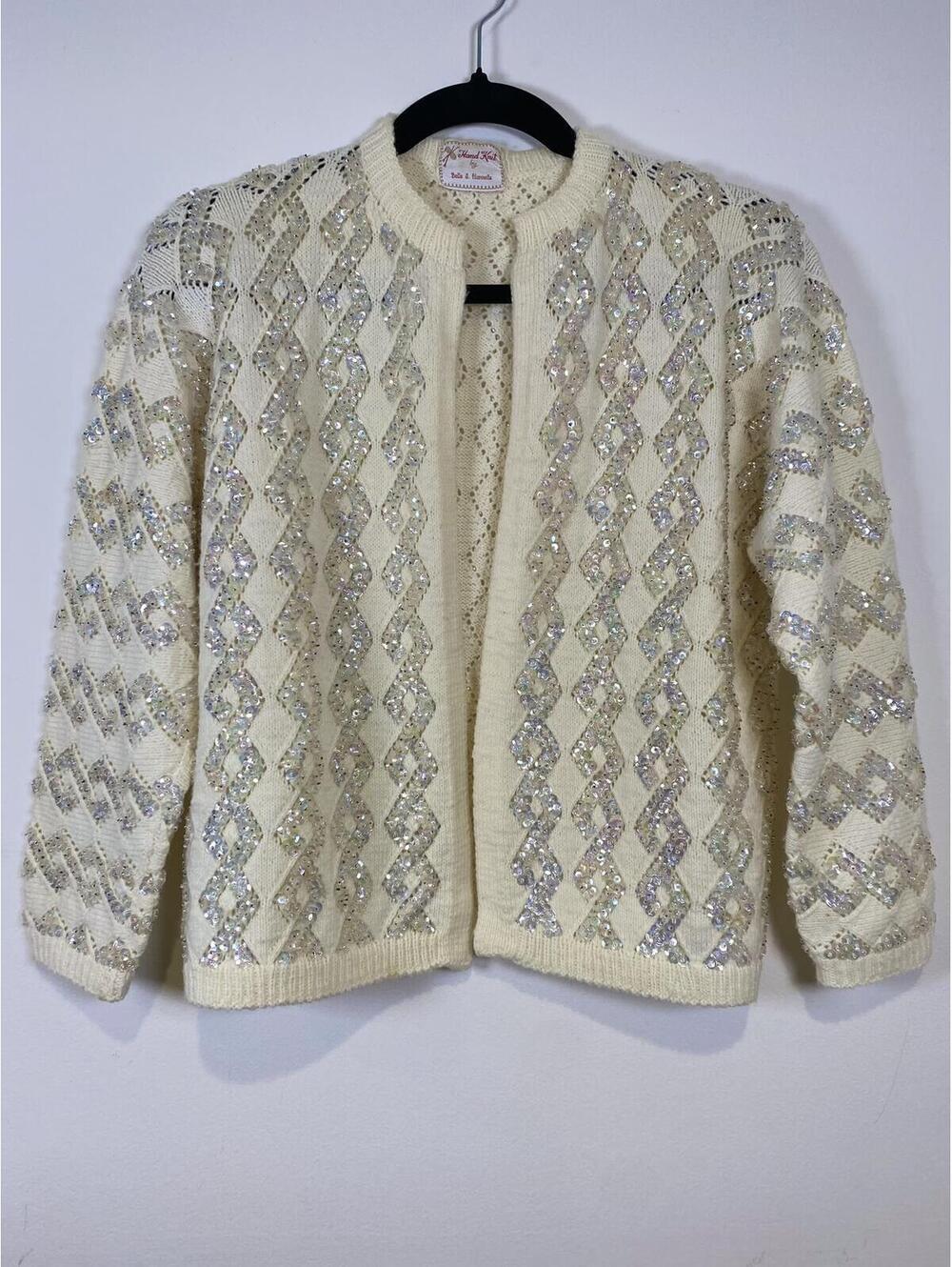 Vintage Hand Knit Cream Wool Cardigan Sweater with Sequins